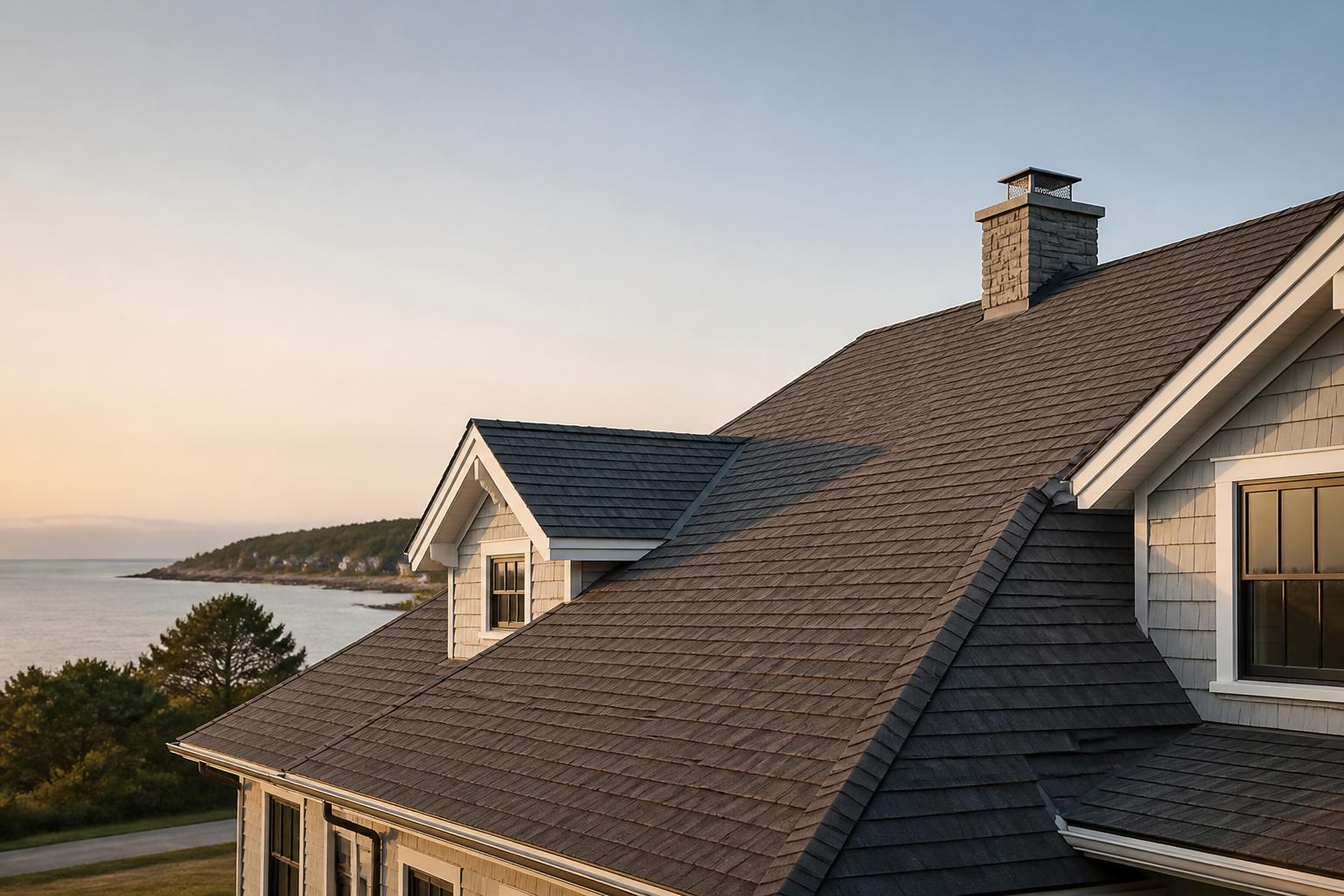 Newly completed residential roof in warm natural light.
