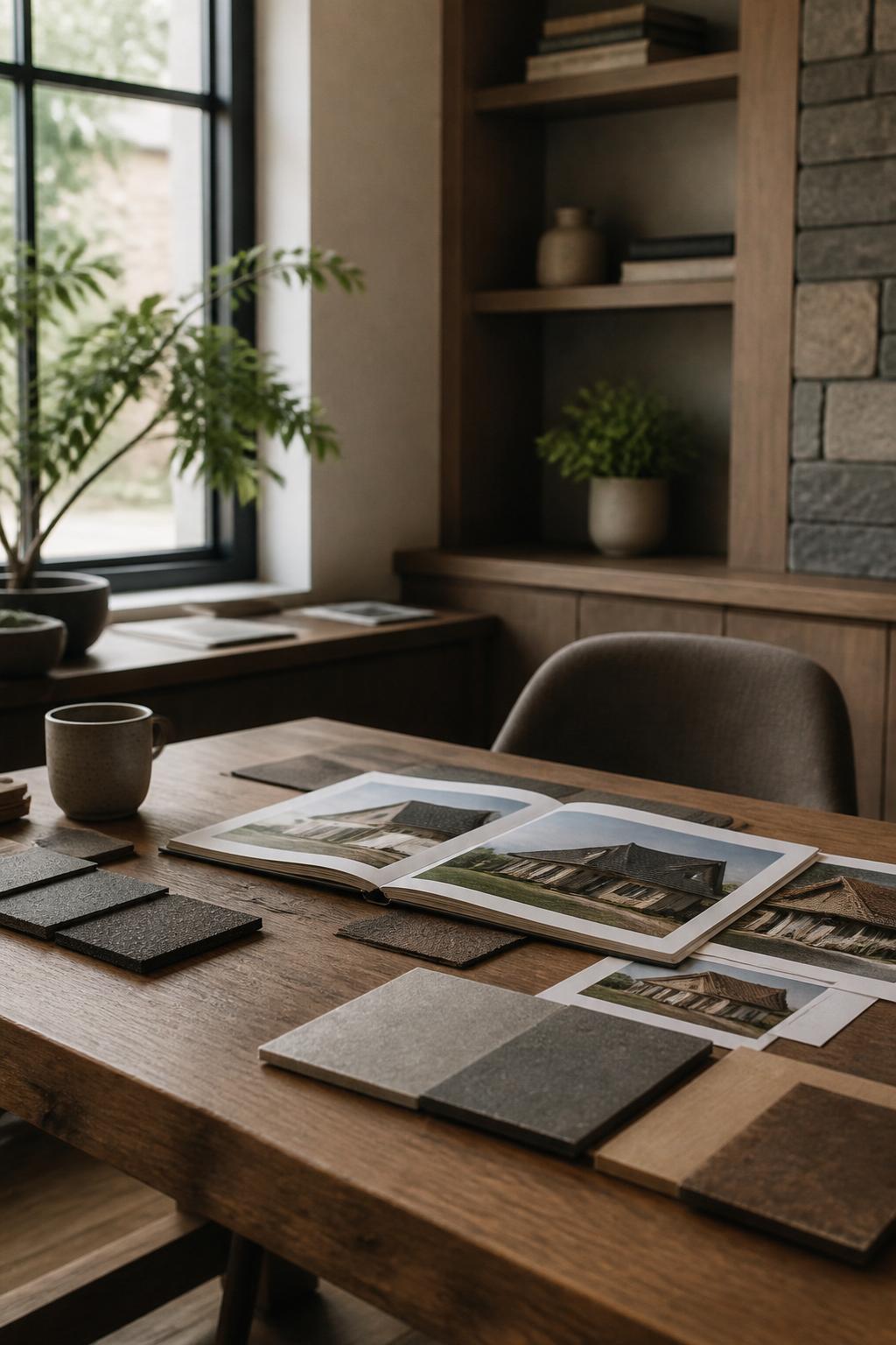 Modern roofing office with warm neutral materials and soft light.